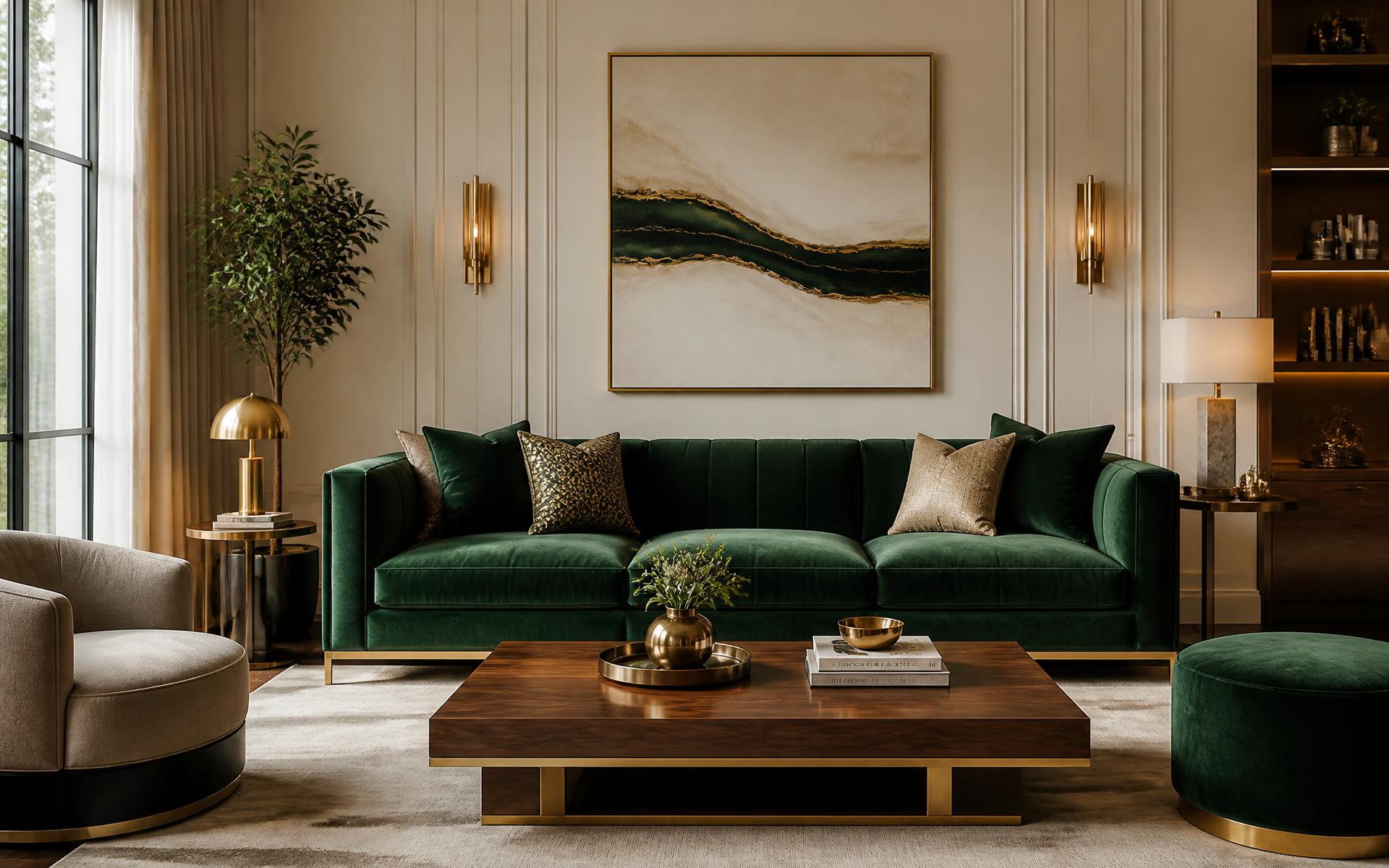 Luxurious living room with a deep green sofa and gold accents